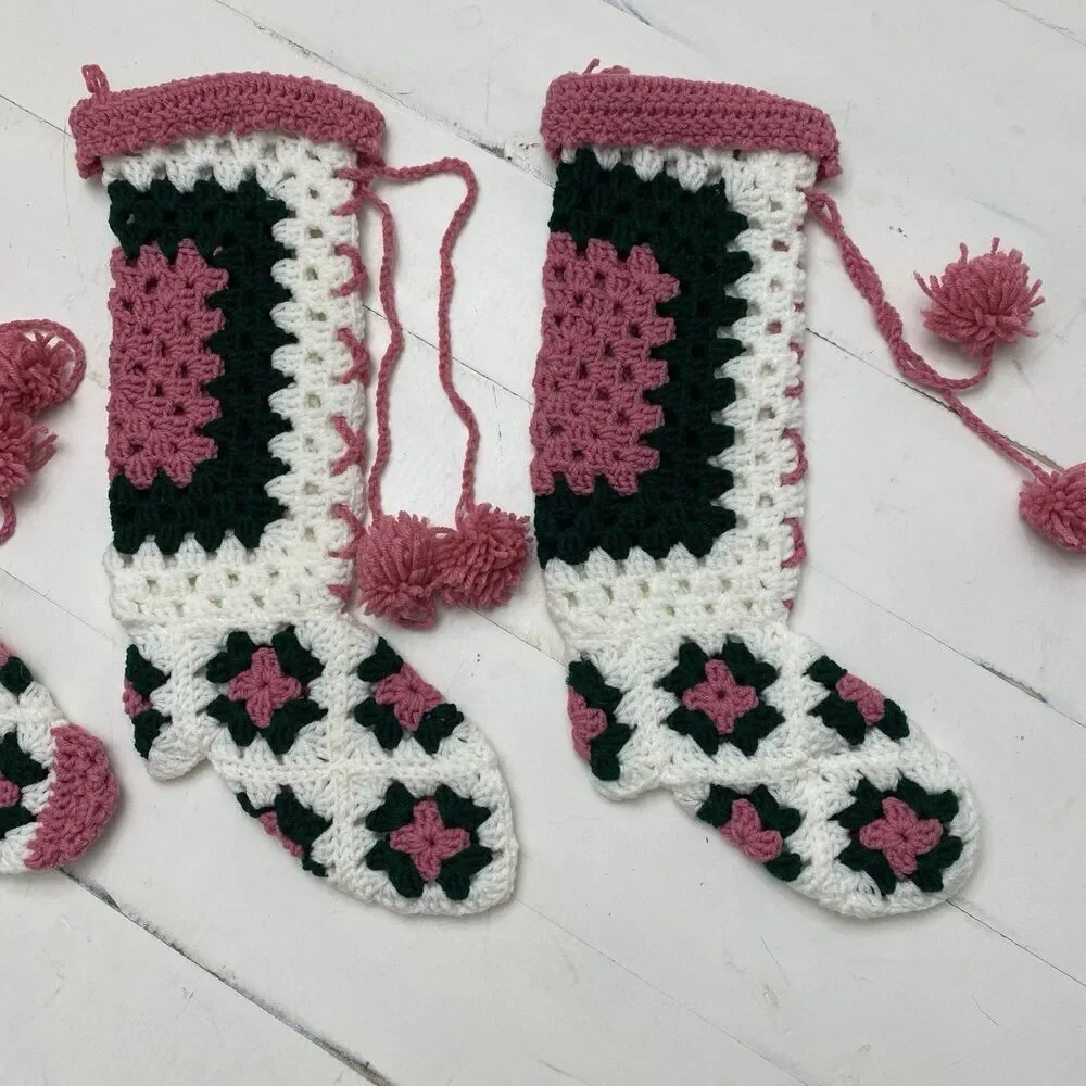 Vtg Handmade Lot of 3 Crochet Granny Square Christmas Stockings Green Pink White